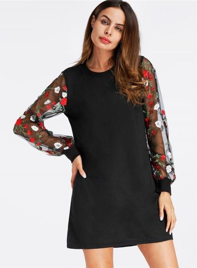 Oasap Round Neck Lantern Sleeve Embroidery Mini Dress
