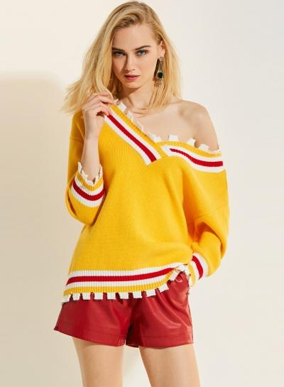 Oasap V Neck Long Sleeve Stripe Pullover Knit Sweater