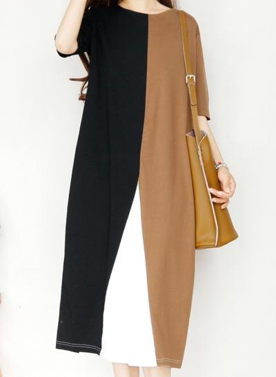 Oasap Round Neck Half Sleeve Color Block Maxi Dress