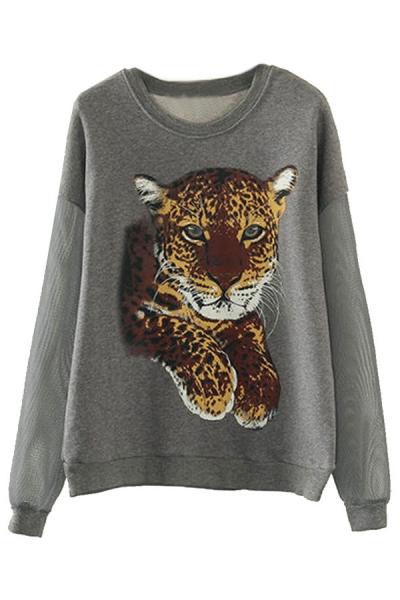 Oasap Stylish Mesh Paneled Tiger Pattern Sweatshirt