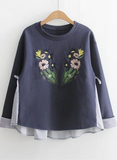 Oasap Round Neck Long Sleeve Floral Embroidery Striped Sweatshirt