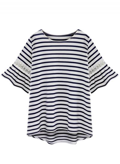 Oasap Women's Color Block Striped Print Lace Paneled Knit Tee
