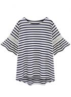 Oasap Women's Color Block Striped Print Lace Paneled Knit Tee