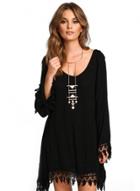 Oasap Round Neck Long Sleeve Solid Color Tassels Decoration Dress