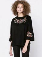 Oasap Embroidery 3/4 Sleeve Round Neck Blouse