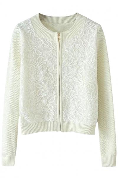 Oasap Graphic Paneled Lace Bomber Knit Jacket