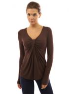 Oasap V Neck Long Sleeve Solid Color Pleated Pullover Solid Color Tee Shirt