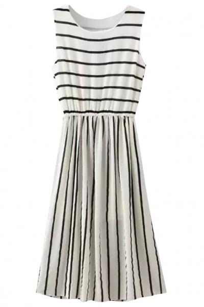Oasap Chic Striped Sleeveless Midi Dress