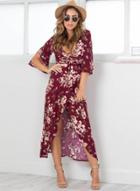 Oasap V Neck Floral Print Half Sleeve Dress