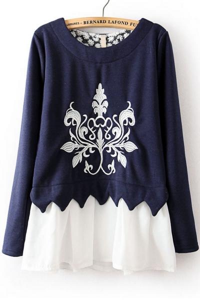 Oasap Chiffon Hem Embroidered Fleece Sweatshirt