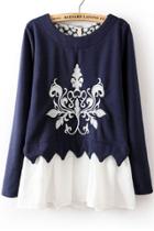 Oasap Chiffon Hem Embroidered Fleece Sweatshirt