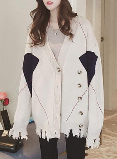 Oasap Raw Edge Color Block Double Breasted Cardigan