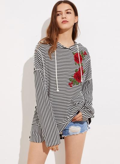 Oasap Long Sleeve Striped Pullover Embroidery Hoodie