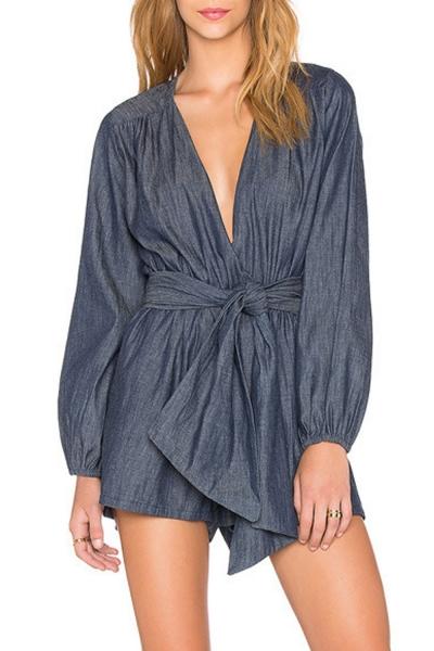 Oasap Fashion Deep V Lantern Sleeve Tie Waist Romper