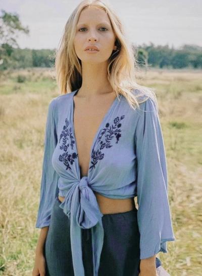 Oasap Embroidery Flare Sleeve Cardigan Crop Tie Front Blouse