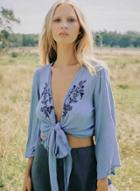 Oasap Embroidery Flare Sleeve Cardigan Crop Tie Front Blouse