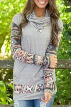 Oasap Geo-print Paneled Turtleneck Oblique Button Decor Tee
