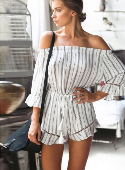 Oasap Off Shoulder Striped Shorts Set Rompers