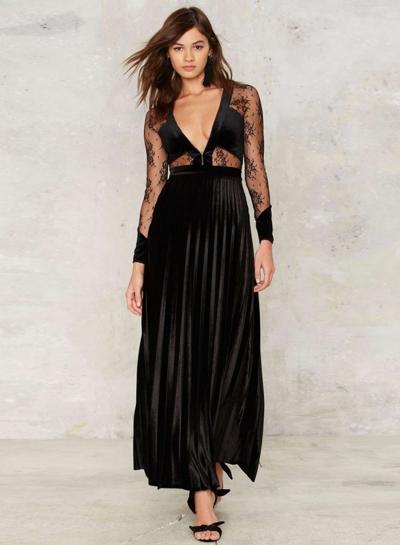 Oasap Deep V Neck Backless Velvet Maxi Evening Dress