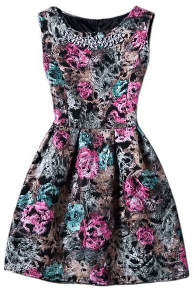 Oasap Floral Print Rhinestone Decoration Sleeveless A-line Dress