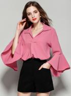 Oasap Solid Chiffon Flare Sleeve Loose Blouse