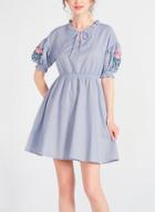 Oasap Floral Embroidery Short Sleeve Stripped Dress