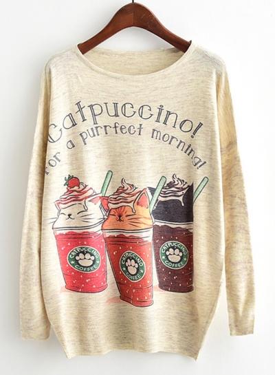 Oasap Round Neck Long Sleeve Cartoon Printed Sweater