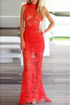 Oasap Red Floral Lace Hollow Maxi Evening Dress