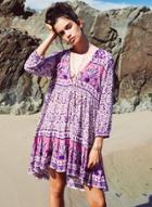 Oasap V Neck Floral Print Long Sleeve Beach Dress