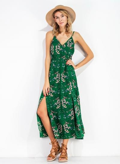 Oasap Spaghetti Strap V Neck High Waist Floral Print Dress