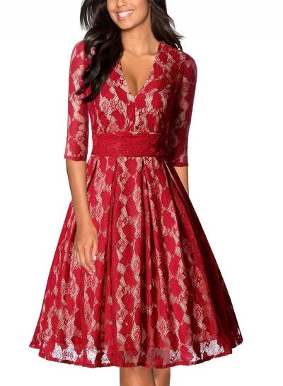 Oasap V Neck Three Quarter Length Sleeve Lace Dress