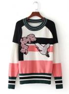 Oasap Round Neck Long Sleeve Embroidery Color Splicing Sweater