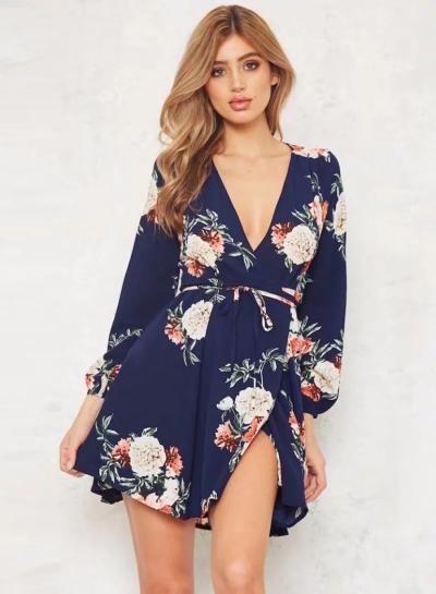 Oasap V Neck Long Sleeve Slit Floral Printed Dress