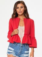 Oasap Solid Color Open Front Flare Sleeve Ruffle Coat