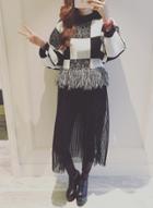 Oasap Batwing Sleeve Plaid Printed Tassels Decoration Dress