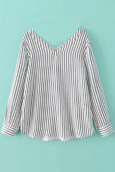 Oasap Sweet Striped V Neck Long Sleeve Blouse