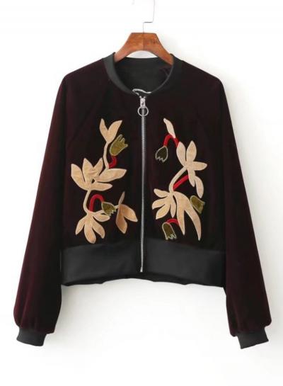 Oasap Velvet Floral Embroidery Bomber Jacket