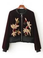 Oasap Velvet Floral Embroidery Bomber Jacket