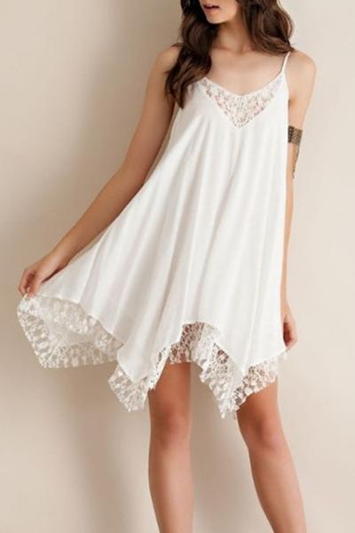 Oasap Asymmetric Lace Paneled Spaghetti Strap Chiffon Dress
