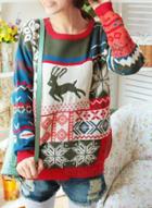 Oasap Long Sleeve Christmas Deer Printed Knit Sweater