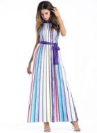 Oasap Sleeveless Striped Color Block Maxi Party Dress With Belt