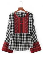 Oasap Round Neck Long Sleeve Plaid Print Embroidery Blouse