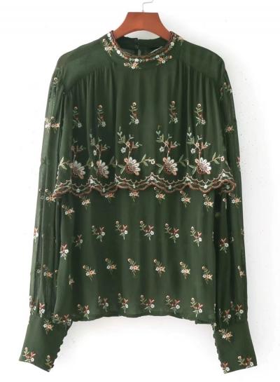 Oasap Long Sleeve Floral Embroidery Collared Shirt