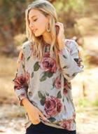 Oasap Round Neck Long Sleeve Floral Printed Hollow Out Tee Shirt