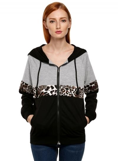 Oasap Color Block Leopard Printed Zip Hooded Coat