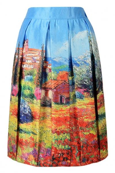 Oasap Colorful Country Dream Print Pleated Swing Skirt