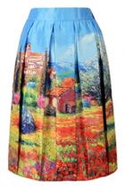 Oasap Colorful Country Dream Print Pleated Swing Skirt