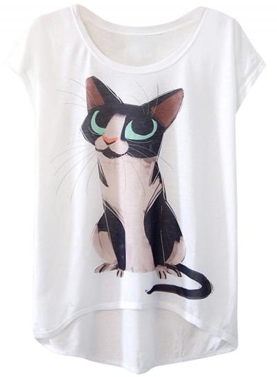 Oasap Women's Cartoon Cat Graphic Asymmetric Knit Tee