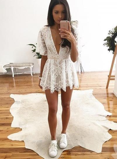 Oasap Deep V Neck Sheer Lace Romper