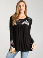 Oasap Fashion Long Sleeve Floral Print Pleated Tee